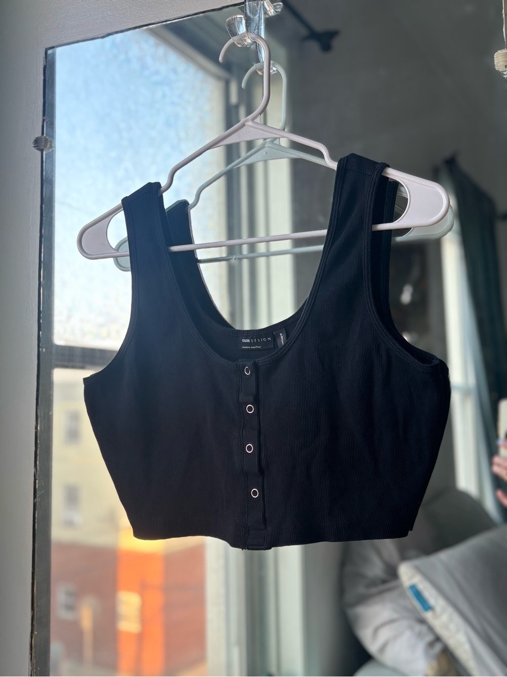 ASOS Black Ribbed Cropped Tank Top with Snap Button detail